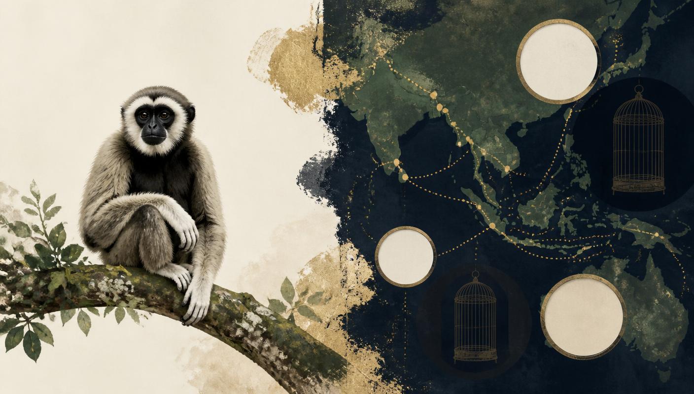 Editorial illustration of a gibbon beside an abstract map of trade routes and permit motifs