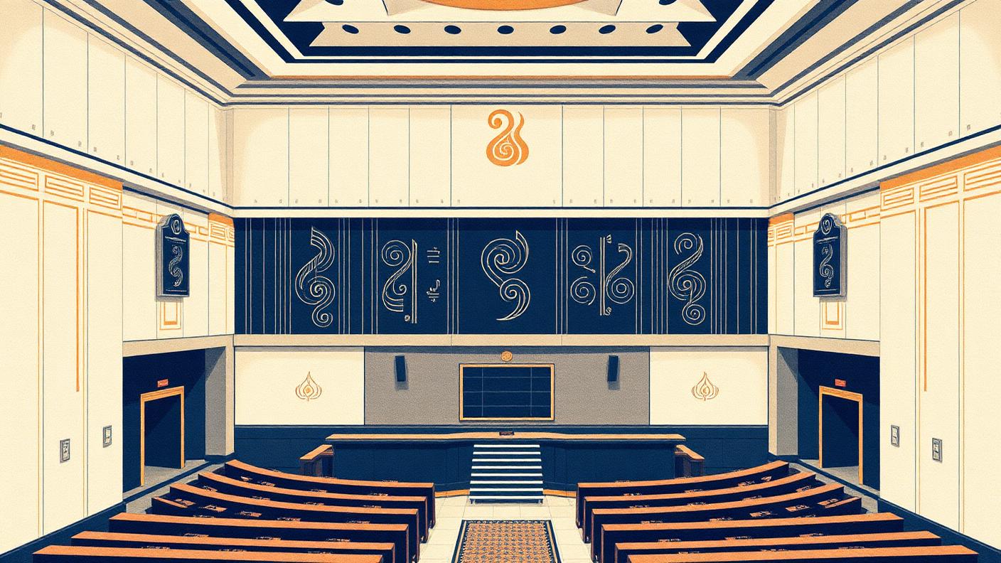 Editorial illustration of a legislative assembly chamber with Tamil cultural and musical motifs